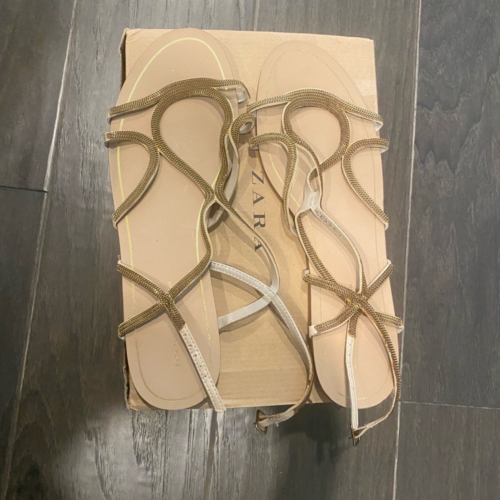 Zara gold flat sandals, Size 9